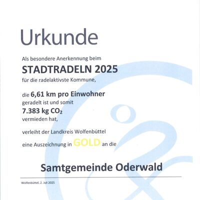 Bild vergr&ouml;&szlig;ern: Urkunde Siegerehrung Stadtradeln 2025